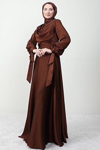 Giza Giyim Sleeve Tied Degaje Evening Dress Brown