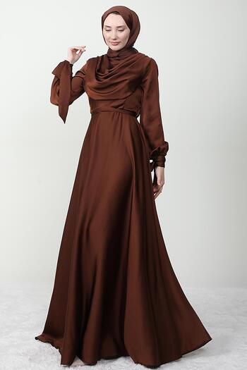 Giza Giyim Sleeve Tied Degaje Evening Dress Brown