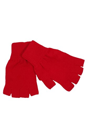 çamaşırsepeti Unisex Children's Red Fingerless Cut-Out Half Finger Winter Knitted Knitwear Gloves 9 - 15 Years