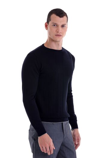 Hatemoğlu Navy Blue Regular Fit Jacquard Crew Neck Wool Knitwear Sweater