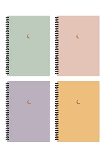 AKILLICA Set de 4 caiete spiralate necăptușite - Seria Moon 10x13,5 cm