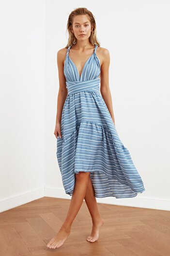 Trendyol Collection Rochie de plajă cu șireturi maxi cu dungi albastre TBESS21EL3640