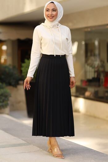 New Hera Fashion Γυναικεία μαύρη πλισέ μακριά φούστα
