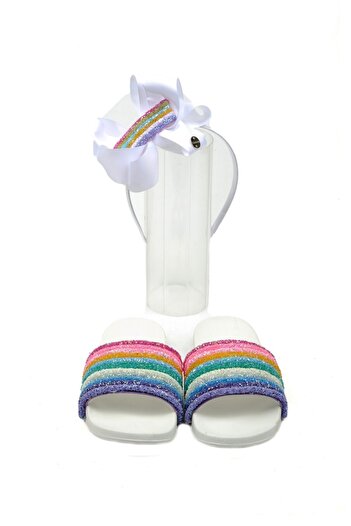 QUEEN AKSESUAR Girl's Special Design Luxury Colorful Rainbow Rainbow Glitter Sequin Shiny Crown Slippers Set