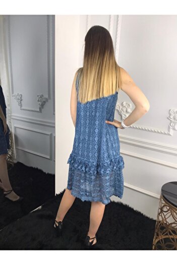 Bohemian Kadın Mavi Etek Ucu Fırfırlı Kolsuz Dantelli Elbise
