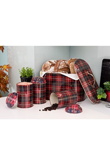 EVLE Plaid Patterned Set of 4 Metal Bread Basket and Food Storage Container - Red Efb02i3