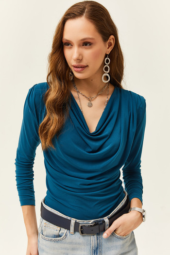 Olalook Women's Petrol Blue Padded Pleated Collar Blouse BLZ-19002419