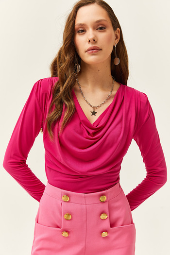 Olalook Women's Fuchsia Padded Pleated Collar Blouse BLZ-19002419