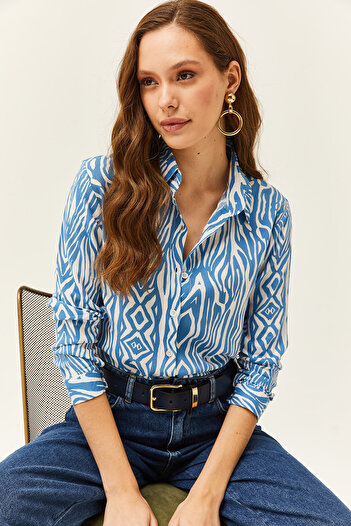 Olalook Γυναικείο πουκάμισο Viscose με σχέδιο Indigo Zebra GML-19000670