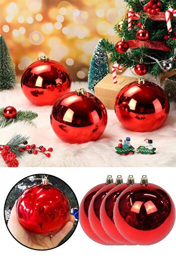 Parti dolabı Set of 4 10cm New Year's Red Pine Tree Ball Ornament Large Size New Year Christmas Decorative Shiny Cute Ball Ornament