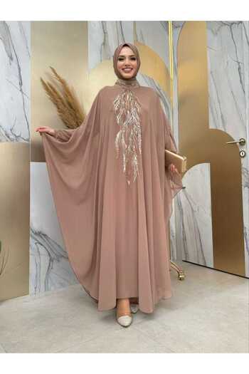 Bym Fashion Βραδινό φόρεμα με παγιέτες σιφόν με καπέλο 3774 Mink