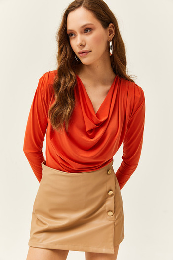Olalook Women's Orange Padded Pleated Collar Blouse BLZ-19002419
