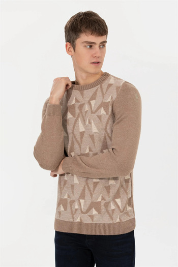 U.S. Polo Assn. HADLEY Geometric Patterned Regular Fit Crew Neck Camel Melange Men's Sweater