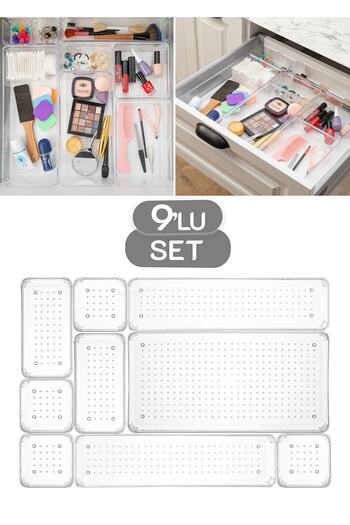 Meleni Home 9 Pieces Transparent Design Modular Storage Container - Drawer Organizer, Bathroom Makeup Jewelry Organizer