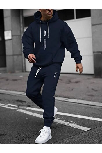 MOONBULL Ανδρικό σετ αθλητικής φόρμας με κουκούλα με κάθετη στάμπα, μπλε ναυτικό