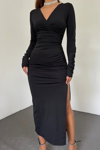 WOMAN VISION Rochie midi neagră pentru femei, din material elastic, cu guler dublu și fante, mâneci lungi, 6031
