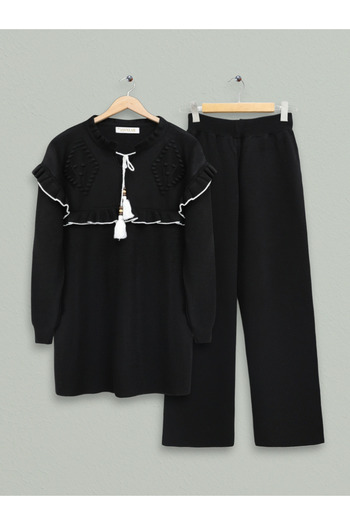Modamorfo Knitwear Set with Lace-Up Collar and Frills on the Front and Shoulders