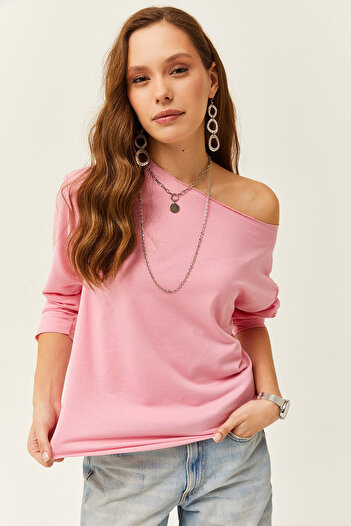 Olalook Women's Candy Pink Asymmetric Collar Printed Soft Textured Thin Sweatshirt Swt- 19000630