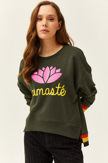 Olalook Women's Khaki Nameste Printed Premium Stripe Detailed Thick Sweatshirt SWT-19000640