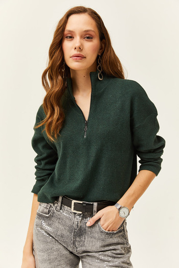 Olalook Women's Emerald Green Zippered Stand Collar Hooded Sweater KZK-19000640