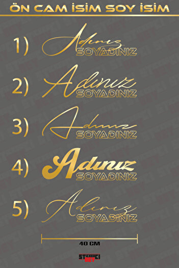 STİCKERCI BEY 40*15 Cm Gold Isim Soy Isim Sticker Folyo Kesim Ön Cam Uyumlu