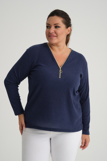 MJORA Plus Size Blouse with Ribbed Knit Collar Zipper