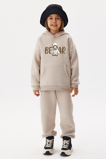 ADA BEBEK ÇOCUK Oversize Cotton Hooded Teddy Bear Patterned Top and Bottom Set
