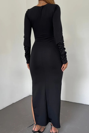WOMAN VISION Rochie midi neagră pentru femei, din material elastic, cu guler dublu și fante, mâneci lungi, 6031