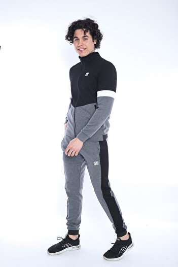 NEED LİFE Erkek Gri Siyah Renk Detaylı Alt Üst Fermuarlı Cepli Slim Fit 2 Iplik Eşofman Takım