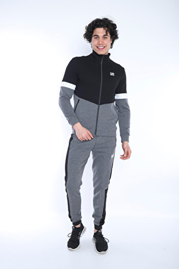 NEED LİFE Erkek Gri Siyah Renk Detaylı Alt Üst Fermuarlı Cepli Slim Fit 2 Iplik Eşofman Takım