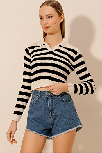 HAKKE Women's Striped Crop Polo Collar Knitwear Sweater