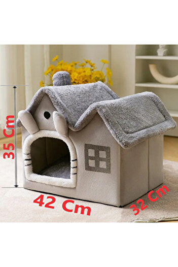 TİNEKE PETSHOP Kedi Evi Yumuşak Kedi Yatağı Derin Uyku Ve Kış Evi Çıkarılabilir Minder -villa Gri 1 Adet S Beden