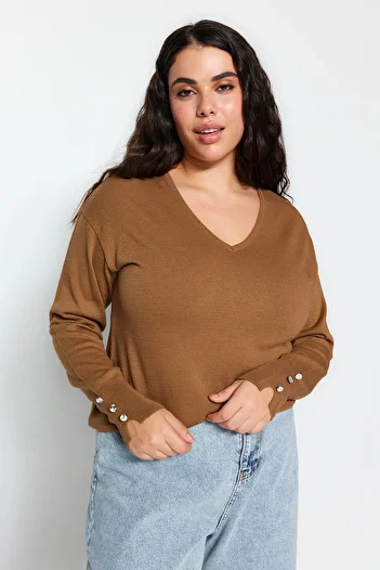 Trendyol Curve Mink V-Neck Button Detailed Knitwear Sweater TBBAW23AN00043