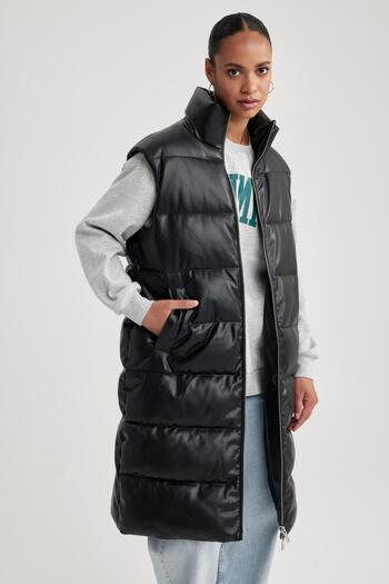 DeFacto Waterproof Relax Fit Faux Leather Long Puffer Vest A1008ax23au