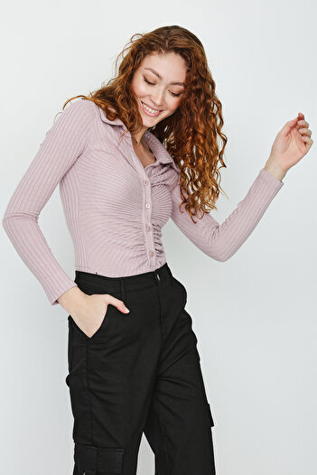 Select Moda Women's Purple Front Gather Detailed Corded Bottom Snap Body