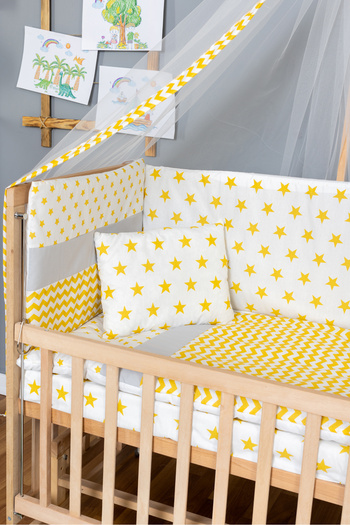Bamgidoo Ahşap Beşik Anne Yanı Beşik Organik 60x120 - Sarı Yıldız 1 Yastıklı Uyku Seti + Yataklı + Tekerlekli