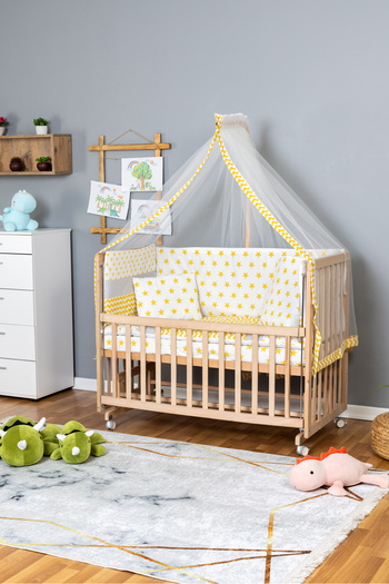 Bamgidoo Ahşap Beşik Anne Yanı Beşik Organik 60x120 - Sarı Yıldız 1 Yastıklı Uyku Seti + Yataklı + Tekerlekli