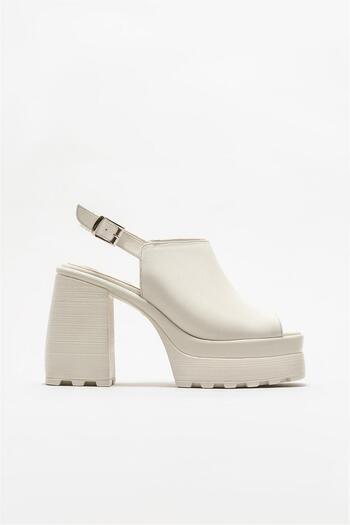 Elle Shoes Ecru Leather Women's Heeled Sandals