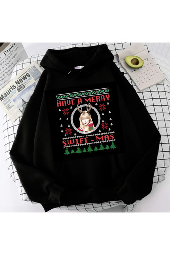 Touz Have a Merry Printed Black Unisex Oversize Hooded Sweatshirt