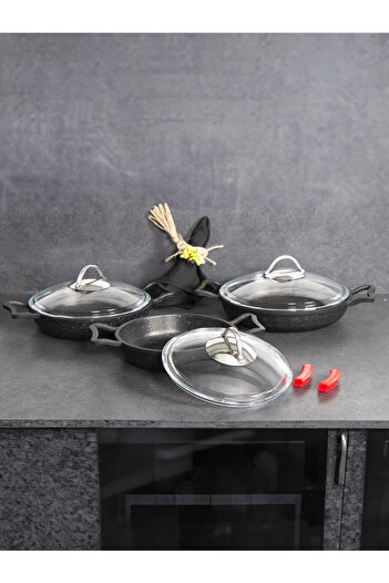 CVS 6 Parça Döküm Granit Sahan Seti - Kulplu Kapaklı Sahan Seti - 18+20+22 Cm