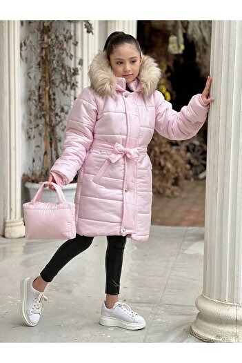 Calisa Waterproof Girl's Fur Hooded Inflatable Long Coat Coat