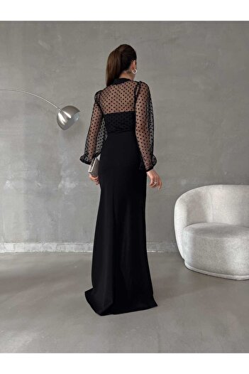 ModaLy Moda ESNEK KREP KUMAŞ SİYAH RENK TÜL DETAYLI YIRTMAÇLI UZUN KOLLU ABİYE ELBİSE GL-738 582767
