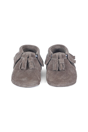 YoYo Junior Genuine Leather Mink Suede Baby Booties with Pompon Detail