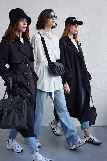 Manuka PÁSOVÝ DRESS TRENCH COAT ČERNÝ