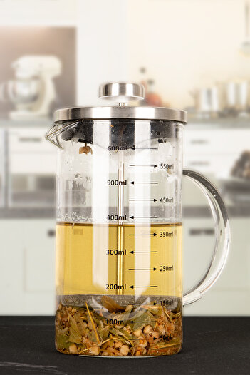 Karçiçeği Home Borosilikat Cam Lüx 600 ml Metal Kapaklı French Press - Ölçü Kabı