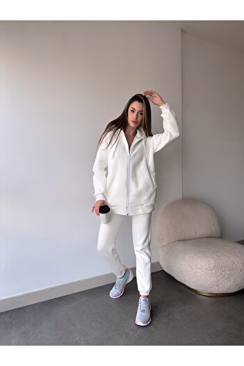 CERENCE AKÇA OKULCUNUZ Plus size women's three thread hooded long tracksuit set, modern pattern