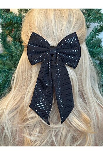 QUEEN AKSESUAR New trend luxury sequined black shiny long pendant with tail large bow buckle automatic clip