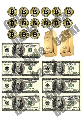 Lyroni Yenilebilir Şeker Kağıt Dolar Bitcoin Altın Temalı Pasta Süsleme