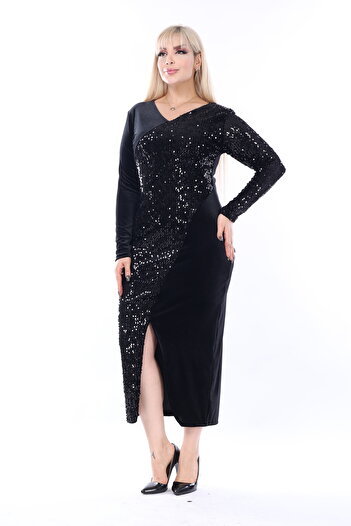 Novin Garnished Sequin Velvet, V-neck Black Dress, Evening Dress