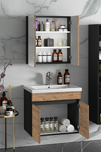 ÖZCEDEN Çiğdem 65+35 cm Antrasit Gri Mat-Atlantik Çam MDF Seramik Lavabolu Asma Banyo Dolabı Takımı